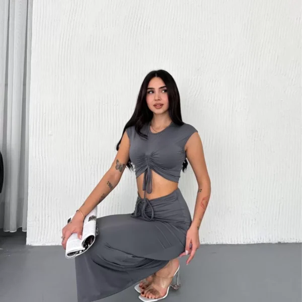 Osy Modal Yumuşak Dokulu Kumaş Büzgülü Crop Etek Takım -Gri
