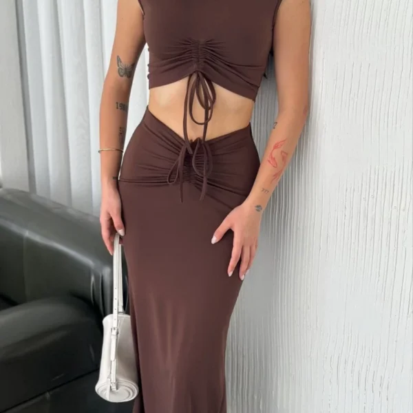 Osy Modal Yumuşak Dokulu Kumaş Büzgülü Crop Etek Takım -Kahverengi