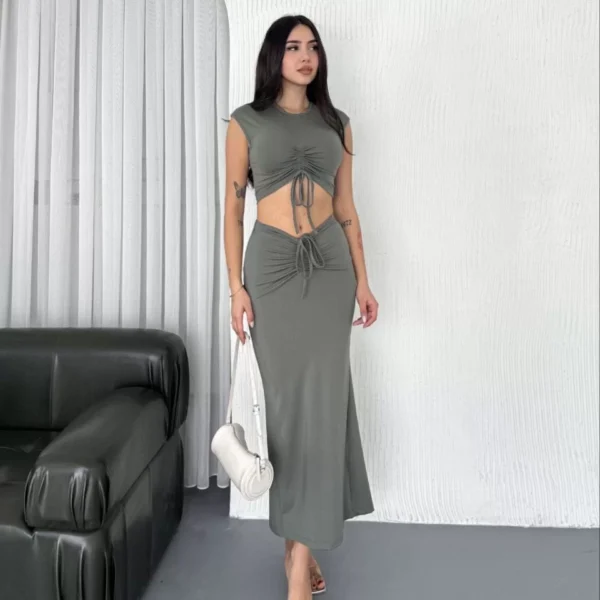 Osy Modal Yumuşak Dokulu Kumaş Büzgülü Crop Etek Takım - Mint yeşili