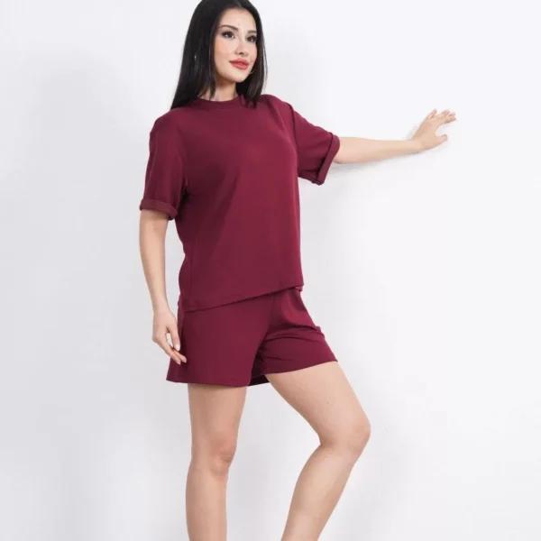 Osy Modal yumuşak dokulu Kumaş Kadın Bisiklet Yaka T-shirt Kısa Şort İkili Takım - Bordo