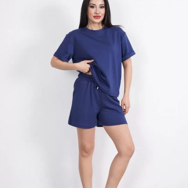 Osy Modal yumuşak dokulu Kumaş Kadın Bisiklet Yaka T-shirt Kısa Şort İkili Takım - Mavi