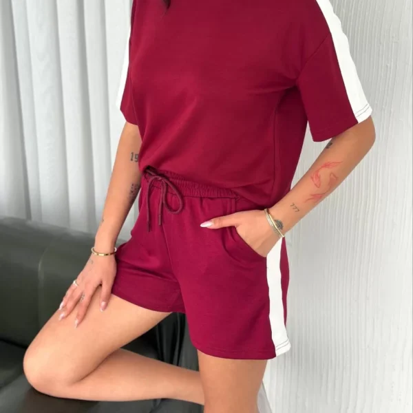 Osy Modal yumuşak dokulu Kumaş Kadın Parçalı Bisiklet Yaka T-shirt Kısa Şort İkili Takım -  Bordo