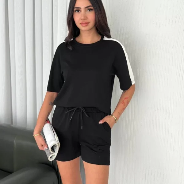 Osy Modal yumuşak dokulu Kumaş Kadın Parçalı Bisiklet Yaka T-shirt Kısa Şort İkili Takım - Siyah