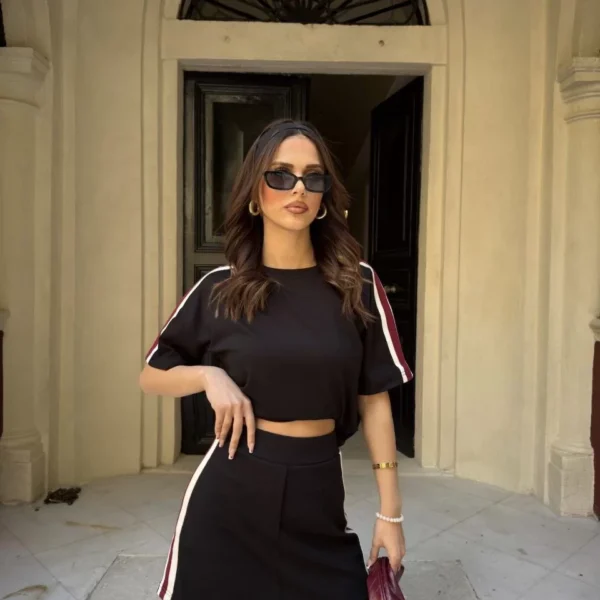 Osy Modal yumuşak dokulu Kumaş Kadın Parçalı Bisiklet Yaka T-shirt Mini Şortlu Etek İkili Takım - Siyah
