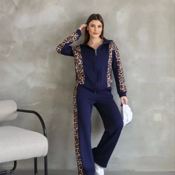 Osy Modal Yumuşak Dokulu Kumaş Kapüşonlu Leopar Desenli Fermuarlı Takım - Lacivert