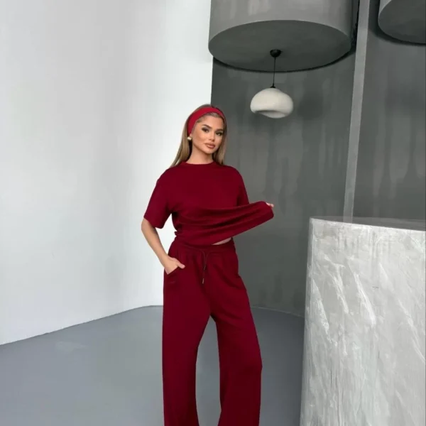 Osy Modal Yumuşak Dokulu Kumaş   Kısa Kollu Bluz Rahat Pantalon ikili Takım- Bordo