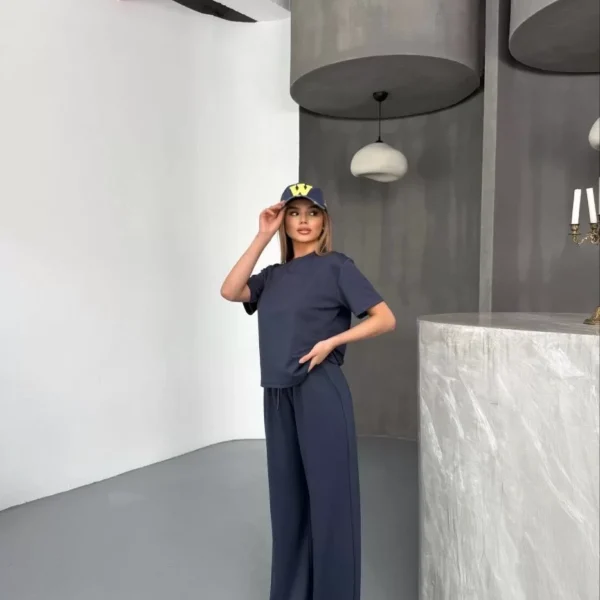 Osy Modal Yumuşak Dokulu Kumaş Kısa Kollu Bluz Rahat Pantalon ikili Takım- Füme