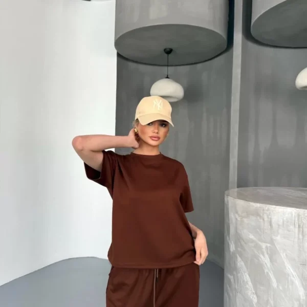 Osy Modal Yumuşak Dokulu Kumaş Kısa Kollu Bluz Rahat Pantalon ikili Takım- Kahverengi