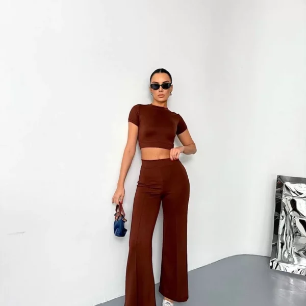 Osy Modal Yumuşak Dokulu Kumaş Kısa Kollu Crop Alt ispanyol Paça Pantalon ikili Takım - Kahverengi