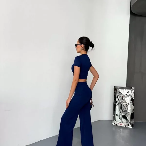 Osy Modal Yumuşak Dokulu Kumaş Kısa Kollu Crop Alt ispanyol Paça Pantalon ikili Takım - Lacivert