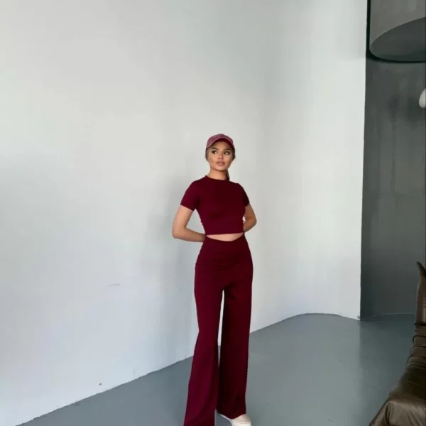 Osy Modal Yumuşak Dokulu Kumaş Kısa Kollu Crop Rahat Pantalon ikili Takım - Bordo