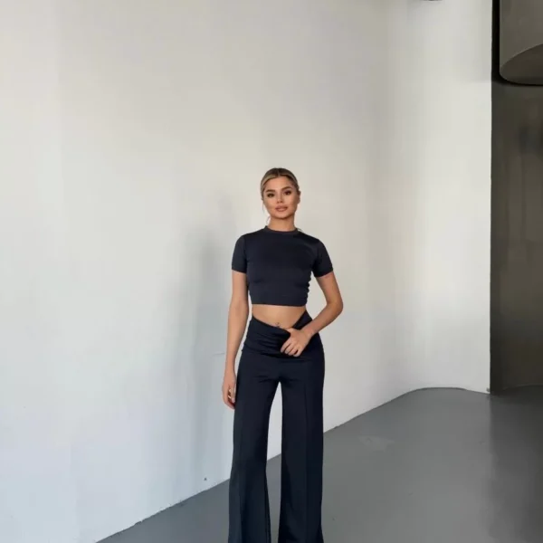 Osy Modal Yumuşak Dokulu Kumaş Kısa Kollu Crop Rahat Pantalon ikili Takım - Füme
