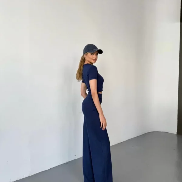 Osy Modal Yumuşak Dokulu Kumaş Kısa Kollu Crop Rahat Pantalon ikili Takım - Lacivert