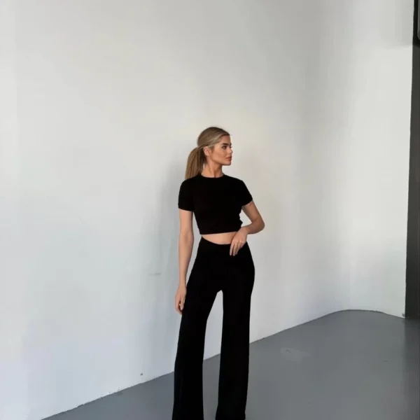 Osy Modal Yumuşak Dokulu Kumaş Kısa Kollu Crop Rahat Pantalon ikili Takım - Siyah