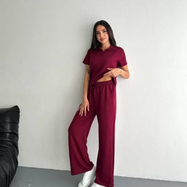 Osy Modal Yumuşak Dokulu Kumaş Kısa Kollu Yakalı T-shirt Pantalon ikili Takım- Bordo