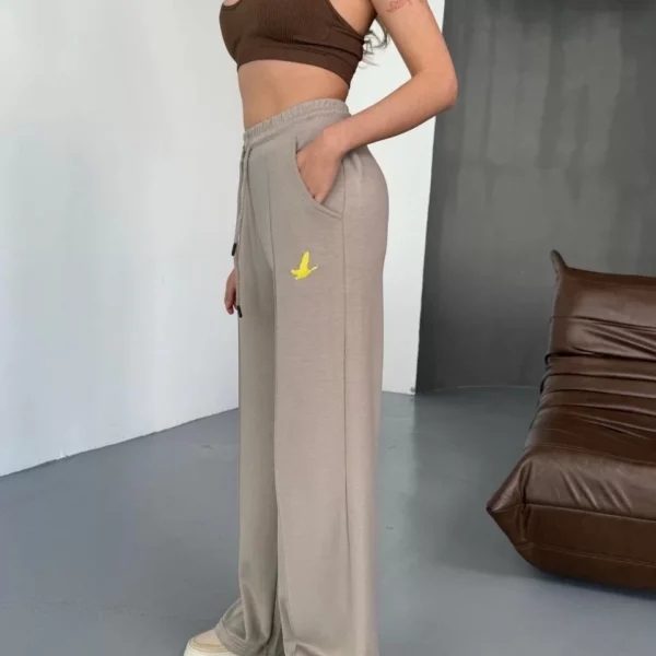 Osy Modal Yumuşak Dokulu Kumaş Nakış işlemeli Rahat Bol Paça Eşofman Pantalon - Bej
