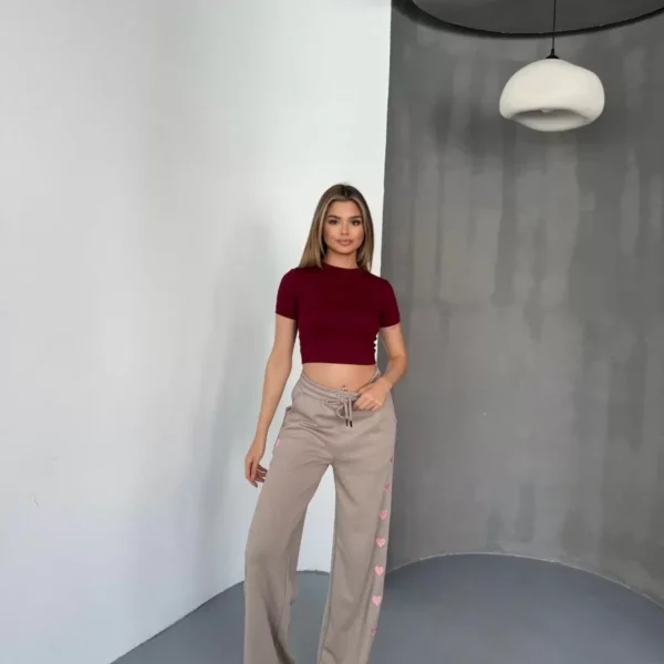 Osy Modal Yumuşak Dokulu Kumaş Nakış işlemeli Rahat Bol Paça Eşofman Pantalon - Bej