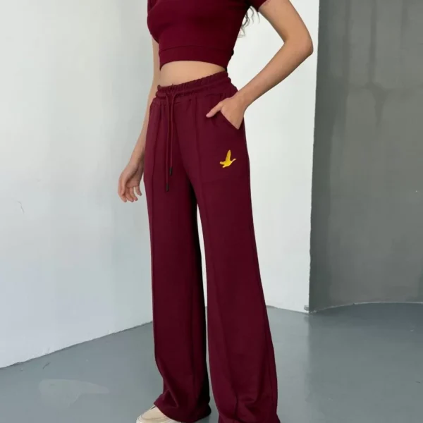 Osy Modal Yumuşak Dokulu Kumaş Nakış işlemeli Rahat Bol Paça Eşofman Pantalon - Bordo