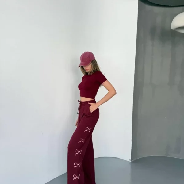 Osy Modal Yumuşak Dokulu Kumaş Nakış işlemeli Rahat Bol Paça Eşofman Pantalon - Bordo