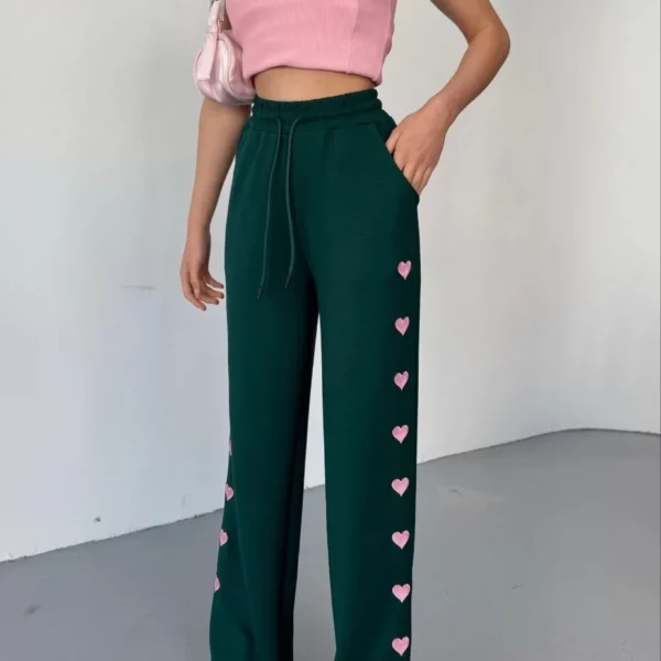 Osy Modal Yumuşak Dokulu Kumaş Nakış işlemeli Rahat Bol Paça Eşofman Pantalon - Haki