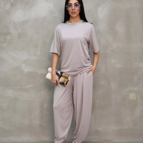 Osy Modal Yumuşak Dokulu Kumaş Oversize Bisiklet Yaka T-shirt Jogger Eşofman Altı Eşofman Takımı - Gri