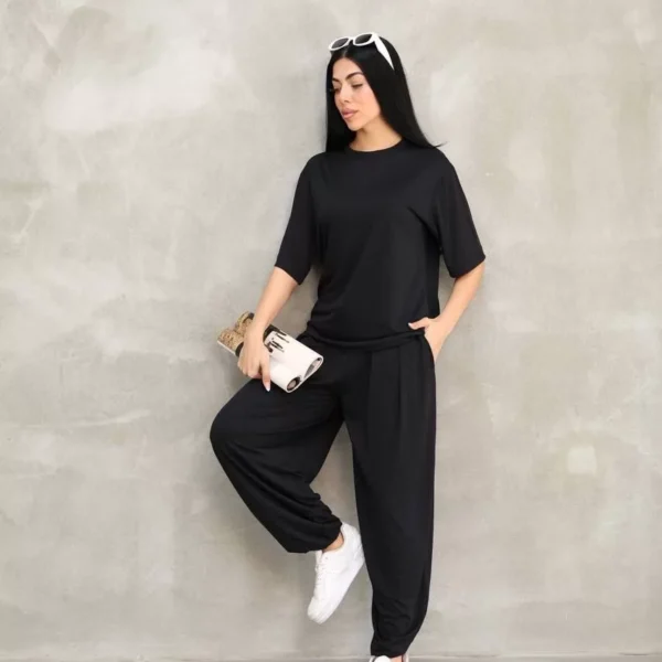 Osy Modal Yumuşak Dokulu Kumaş Oversize Bisiklet Yaka T-shirt Jogger Eşofman Altı Eşofman Takımı - Siyah