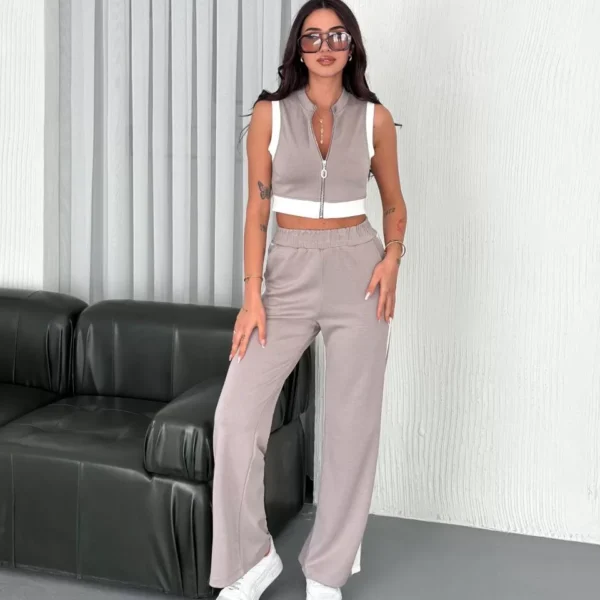 Osy Modal Yumuşak Dokulu Kumaş Tam Fermuarlı Crop Pantalon İkili Takım - Gri