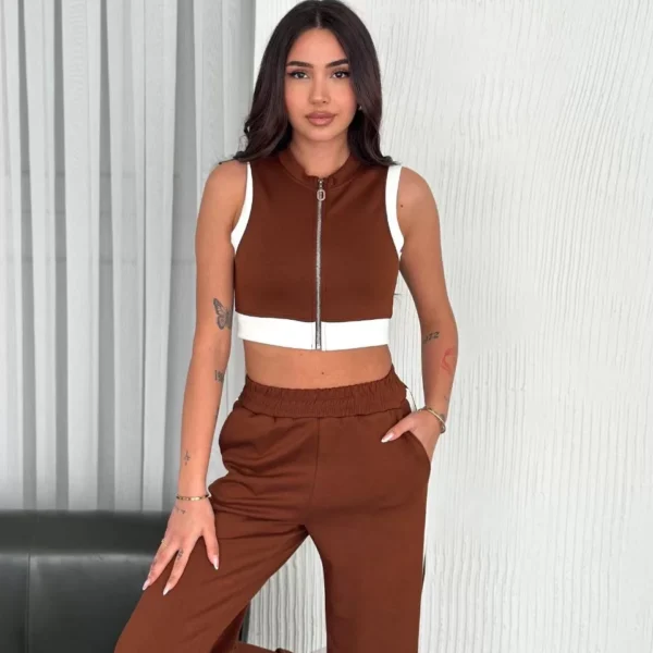 Osy Modal Yumuşak Dokulu Kumaş Tam Fermuarlı Crop Pantalon İkili Takım - Kahverengi
