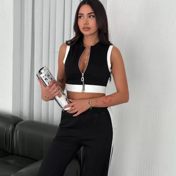 Osy Modal Yumuşak Dokulu Kumaş Tam Fermuarlı Crop Pantalon İkili Takım - Siyah
