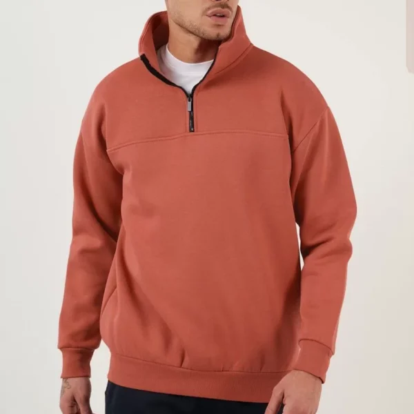 Oversize Yarım Farmuarlı Yakalı Basic SweatShirt - Gül Kurusu