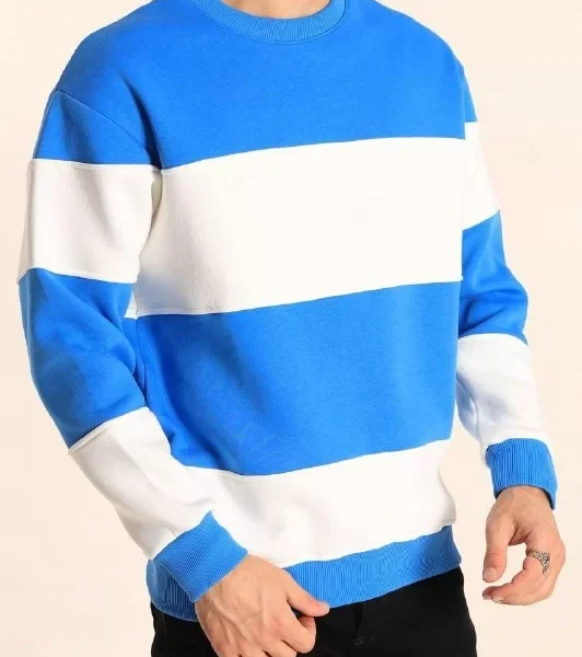 Parçalı Bisiklet Yaka Baskılı SweatShirt - Mavi