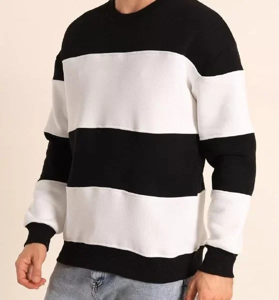 Parçalı Bisiklet Yaka Baskılı SweatShirt - Siyah