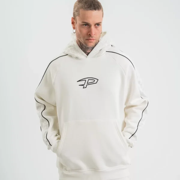 Uzun Kol Kapşonlu Ara Biyeli SweatShirt - Beyaz