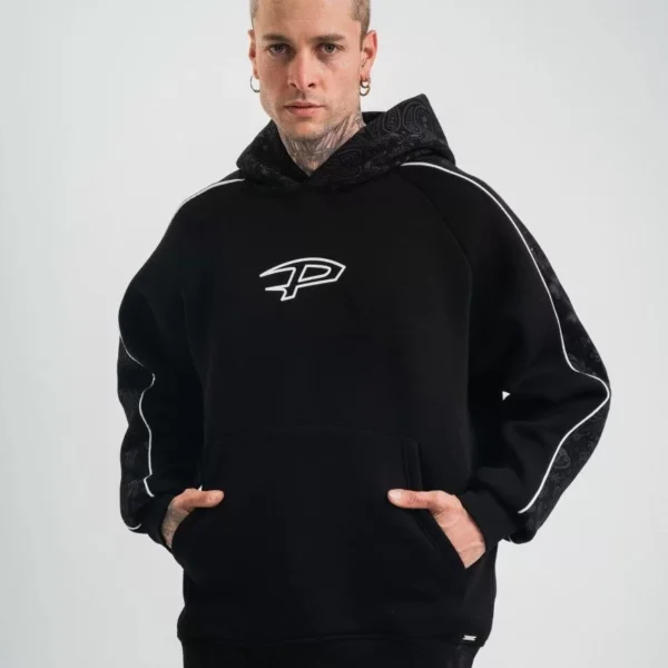 Uzun Kol Kapşonlu Ara Biyeli SweatShirt - Siyah
