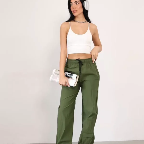 Praşut Kumaş Paça Cepli Baggy Eşofman - Haki