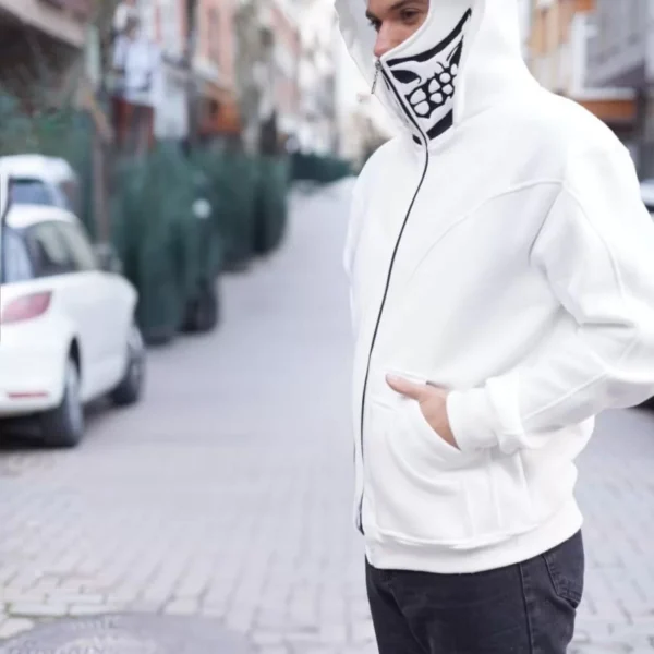 Samuray Kapşonlu ZIP Fermuarlı Çift Kapşonlu Nakışlı SweatShirt- Beyaz