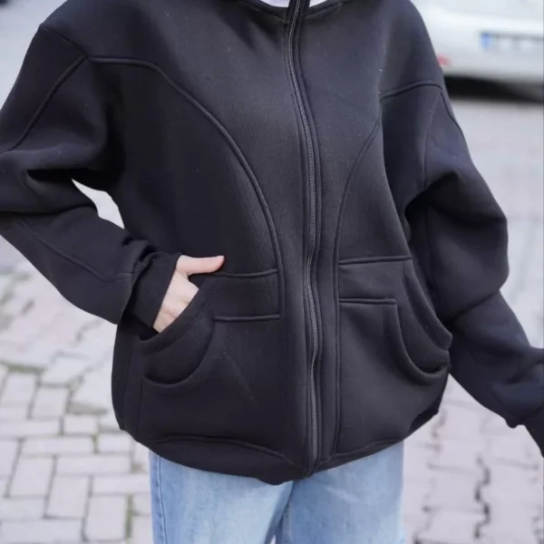 Samuray Kapşonlu ZIP Fermuarlı Çift Kapşonlu Nakışlı SweatShirt- Siyah
