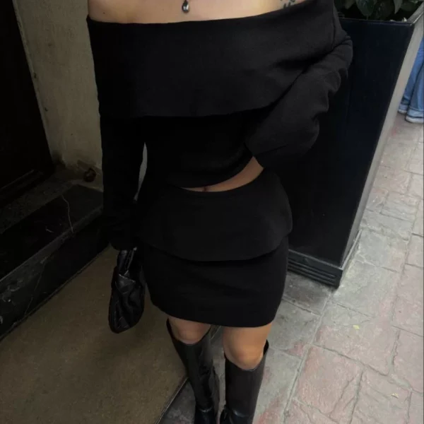 Straplez , Madonna , Carmen Yaka Croplu Mini Etekli ikili Takım Triko - Siyah