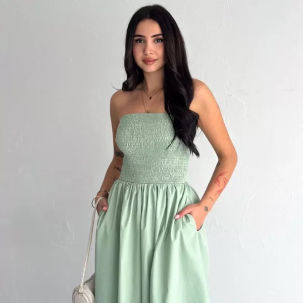Straplez Pileli Elbise - Su Yeşili