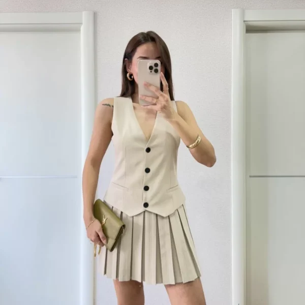 Keten Takım Görünümlü Düğme Detaylı Yelekli Mini Elbise - Bej