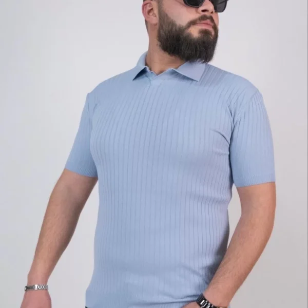 Triko Dokuma Yakalı T-shirt - Açık Mavi