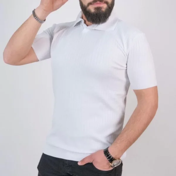 Triko Dokuma Yakalı T-shirt - Beyaz