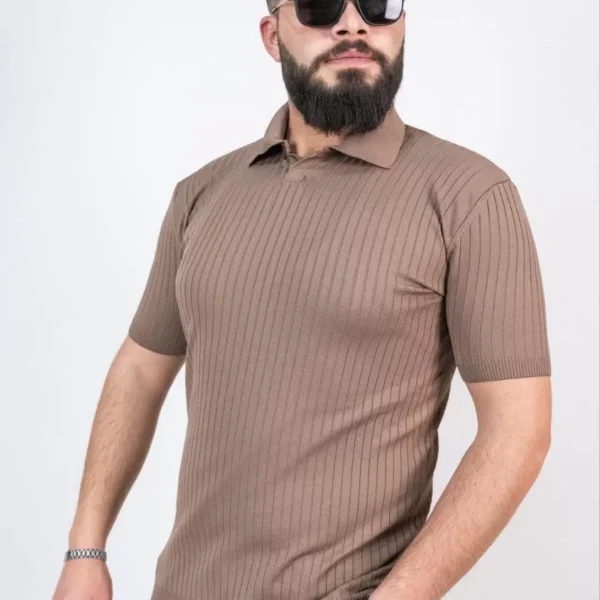 Triko Dokuma Yakalı T-shirt - Kahverengi