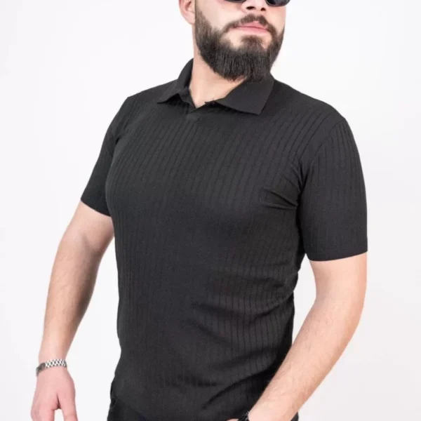 Triko Dokuma Yakalı T-shirt - Siyah