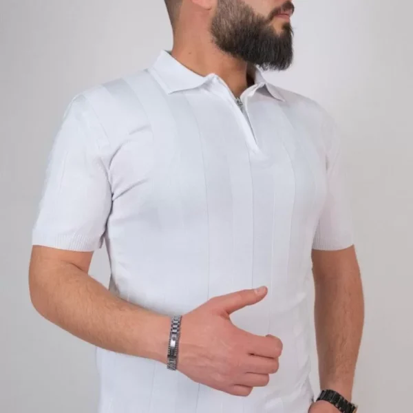 Triko Dokuma Yarım Fermuarlı Yakalı T-shirt - Beyaz
