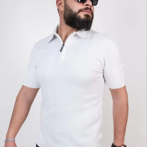 Triko Dokuma Yarım Fermuarlı Yakalı T-shirt - Beyaz