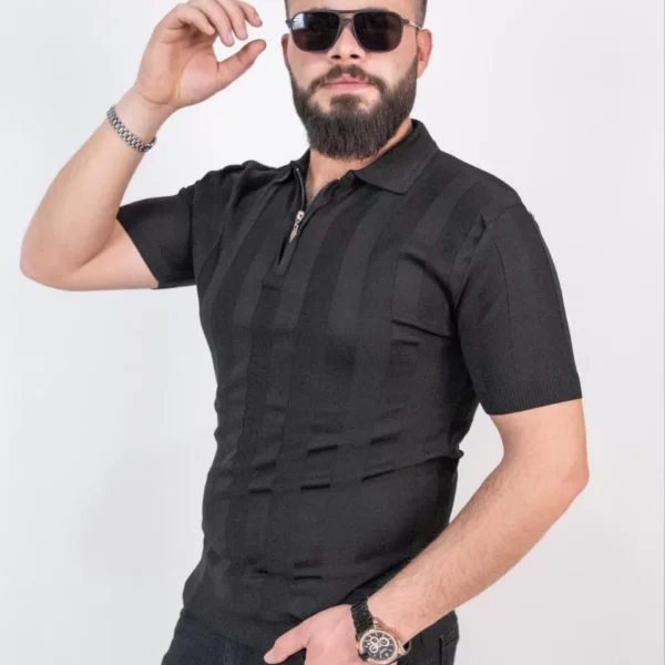 Triko Dokuma Yarım Fermuarlı Yakalı T-shirt - Siyah