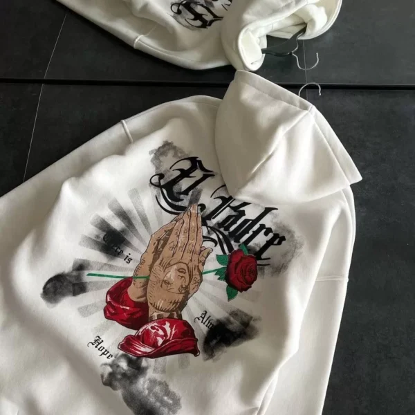 Üç İplik Penye Uzun Kol Kapüşonlu Baskılı SweatShirt - Beyaz