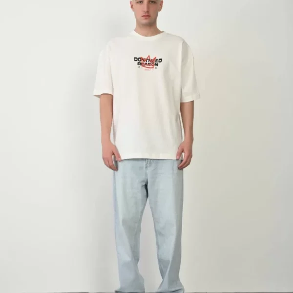 Unisex Baskılı Bisiklet Yaka Oversize T-Shirt - Beyaz