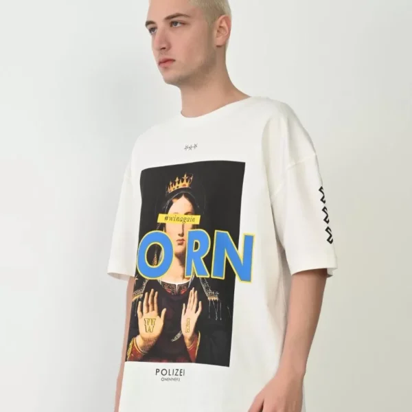 Unisex Baskılı Bisiklet Yaka Oversize T-Shirt - Beyaz